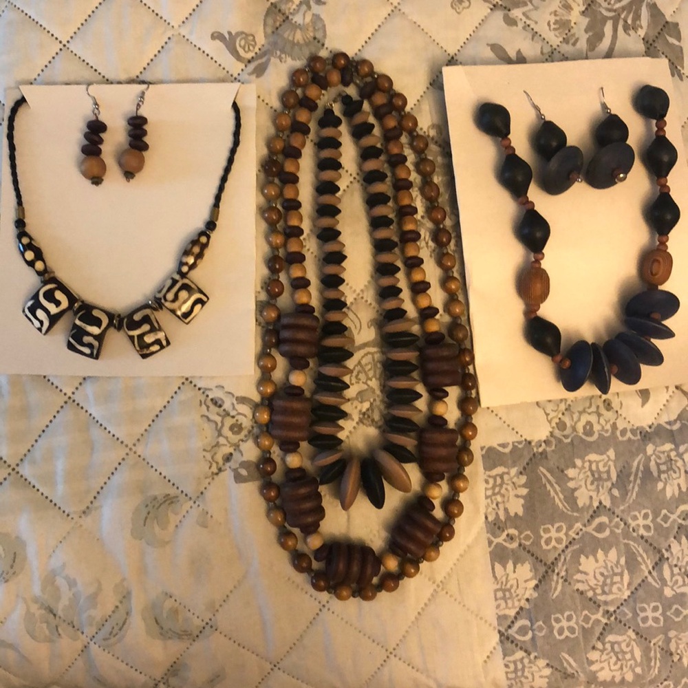 Estate Sale Collection of Vintage Chunky Wooden Bead Necklaces & Earrings